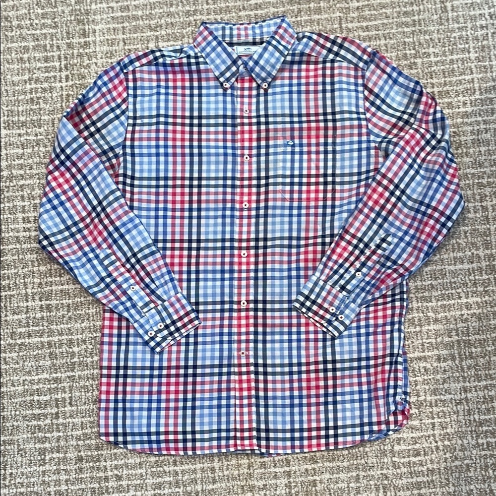 Men's Southern Tide Plaid Button-Down Shirt - Blue, Pink, and White Sz Lg
